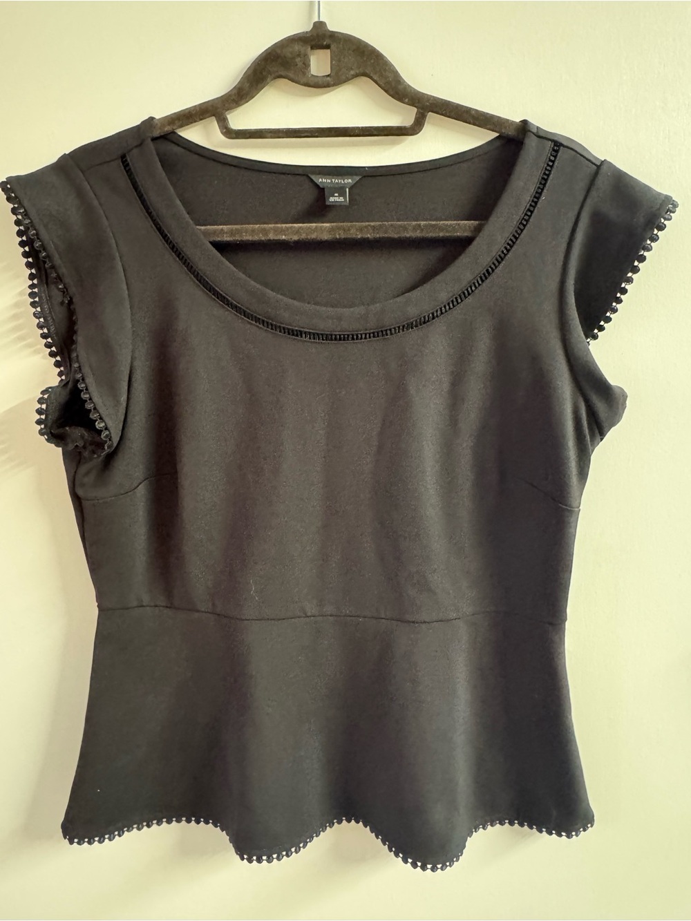 Ann Taylor Black Scoop Neck Peplum Top with Picot Trim